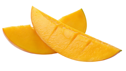 Fresh juicy mango slices isolated on white background for tropical fruit healthy eating concept
