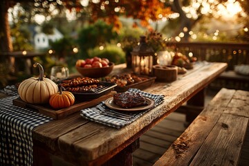 Naklejka premium Close-up of grilled food, pumpkins, apples arranged on wooden picnic table.