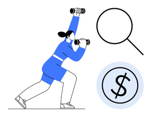 Fototapeta premium Woman lifting dumbbells in a lunge pose, magnifying glass, and dollar icon symbolizing health and financial goals. Ideal for fitness, finance, goals, motivation, exploration, success and balance