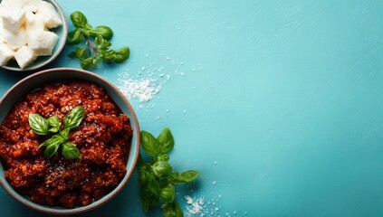 Red sauce dish, feta, basil on teal