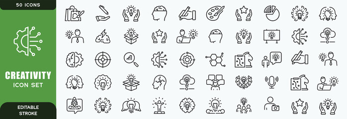  creativity line icon set. Vector pictograms of brainstorming, innovation, problem-solving, abstract thinking, insight, imagination thin linear illustration