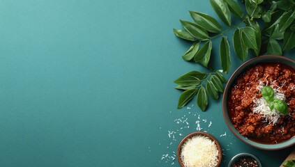 Red meat sauce, herbs, and cheese on teal backdrop