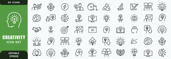  creativity line icon set. Vector pictograms of brainstorming, innovation, problem-solving, abstract thinking, insight, imagination thin linear illustration
