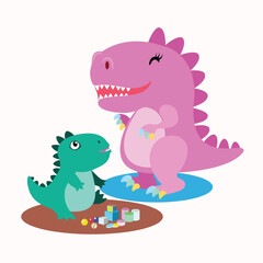 Cute flat vector illustration of a pink mama dinosaur with her green baby playing with colorful toys, perfect for children's designs