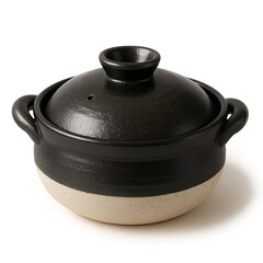 黒と生成りのツートン土鍋｜和モダンな陶器鍋の蓋付きデザイン｜光沢ある質感と実用的な持ち手が魅力｜背景透過PNGで調理・雑貨素材に最適