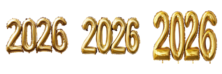 Set of numbers 2026 made of airy golden balloons isolated on transparent background PNG