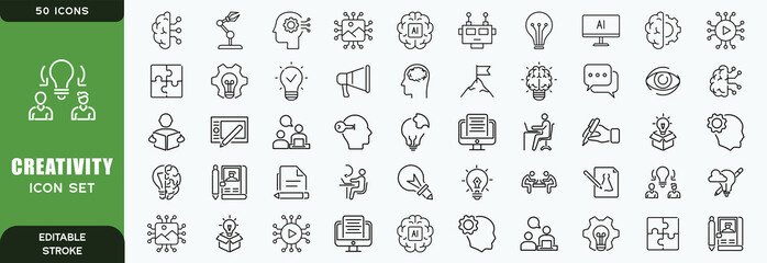 Creativity Line Editable Icons set. Vector illustration in modern thin line style of inventiveness related icons: imagination, innovation, inspiration, originality, and more