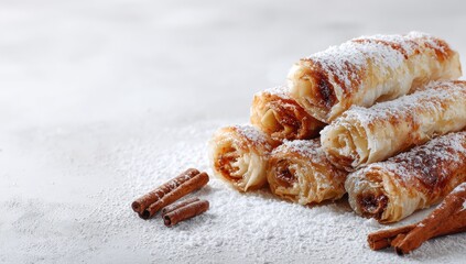 Stacked pastries, dusted with powdered sugar and cinnamon sticks