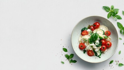 Dish of tortellini with cherry tomatoes, basil, and ricotta