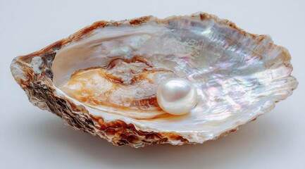 Pearl nestled in a half-open oyster shell, displaying iridescent inner shell