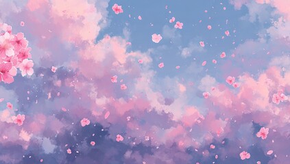 Soft pink cherry blossoms drift in a pastel sky