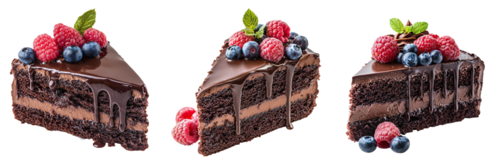Chocolate piece of cake with berries of raspberries and blueberries isolated on transparent background, PNG set