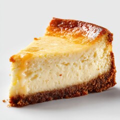 Creamy cheesecake slice against white