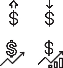 Obraz premium Money increase and decrease icons. Price, rate, cost, sale or profit going up or down symbol with arrow and us dollar sign line art vector illustration 