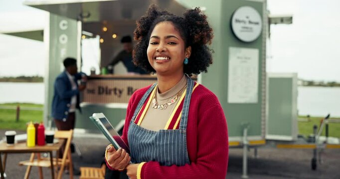 Outdoor, face and cafe with woman and tablet for small business, vendor license and menu planning. Food truck permit, entrepreneur and barista checklist with employee for coffee shop and inventory
