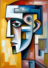 Abstract head of a person, composed of shapes. Cubism art style.