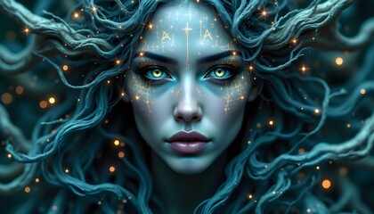 A visage materializes within the swirling, ethereal backdrop of thought. Its features are subtly shifting, never quite settling into a fixed form