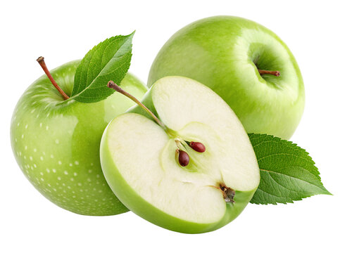 Fresh green apples with leaves and sliced halves on a white background for healthy eating - Powered by Adobe