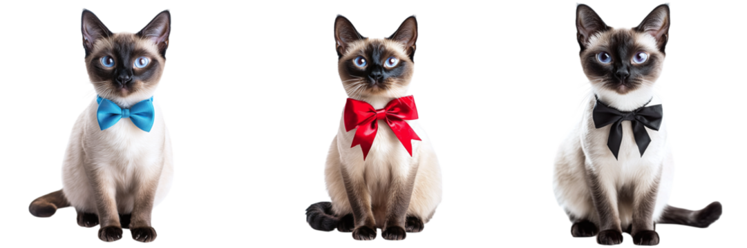Set of Siamese cats with a bow isolated on transparent background PNG