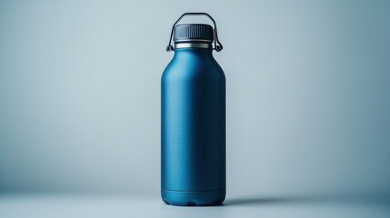 Blue metal water bottle on light background