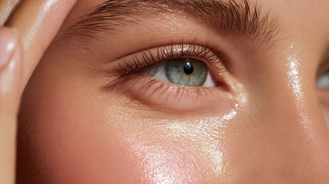 Close up portrait shows healthy, hydrated skin with a fresh, natural glow around the eye of a young woman.