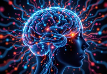 Fototapeta premium abstract art of brain under influence of alcohol, electrical impulses distorted, blurred signals traveling through neurons, dark background with glowing molecular forms.