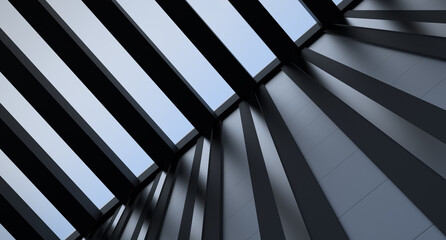 Wall of architectural building,structure with open ceiling and blue sky view,architectural design metal,structure,wallpaper.3D render