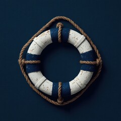 Nautical life preserver, white with navy blue stripes, tied with rope against dark backdrop