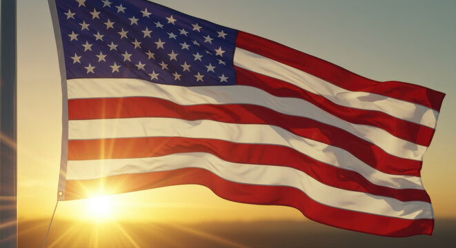 Waving american flag sunrise