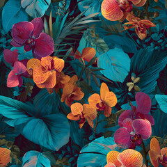Vibrant seamless pattern with tropical leaves and orchids in summer © john