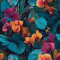 Vibrant seamless pattern with tropical leaves and orchids in summer © john