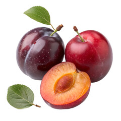 Fresh ripe plums present a vibrant and juicy display, featuring a halved fruit revealing its inner beauty on a dark backdrop.