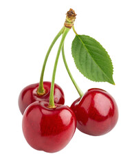 Fresh red cherries with green leaf isolated on white background for healthy fruit and summer food