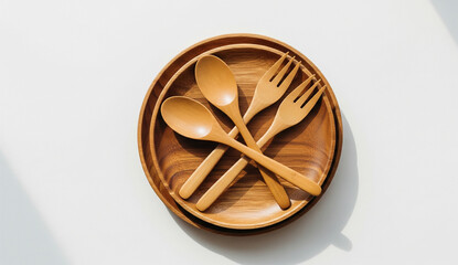 Wooden Utensils on Display: A rustic charm emanates from a beautifully arranged wooden spoon and fork, set artfully atop a wooden plate, all bathed in soft, natural light.