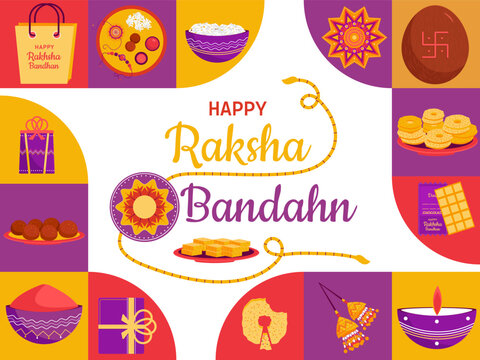 Happy Raksha Bandhan indian festival celebration flat trendy minimal background design with gifts, sweets, oil lamp, and Rakhi Sale banner or poster vector illustration.