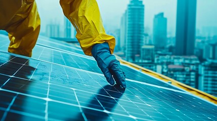 Worker in protective gear installs solar panels on a city rooftop with a modern skyline in the background.