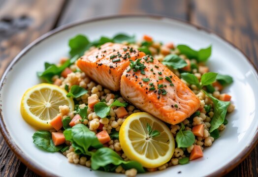 close up of salmon and quinoa salad rich in omega 3s aiding brain recovery from alcohol, fresh herbs and lemon slices, vibrant nutritious meal on rustic table.