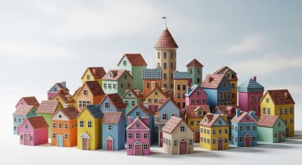 Colorful Miniature Houses Set in a Small Village Scene with Bright Colors and Varied Roof Styles