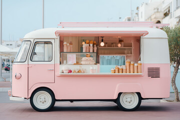 Modern ice cream food truck in pastel pink and white, parked on a clean street with open serving window