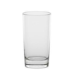 A pristine, empty, clear, transparent, tall cylindrical drinking glass on a seamless stark white background with a subtle soft cast shadow, professional studio lighting, slightly high-angle shot,