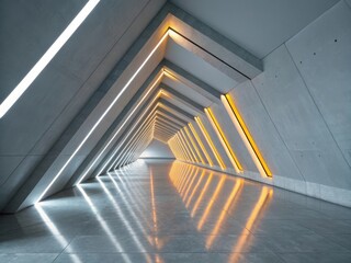 Illuminated triangular tunnel with reflective floor and futuristic design elements, creating a sense of depth and perspective