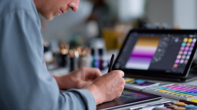 Digital artist creates vibrant illustrations on graphic tablet in modern studio setting during daytime