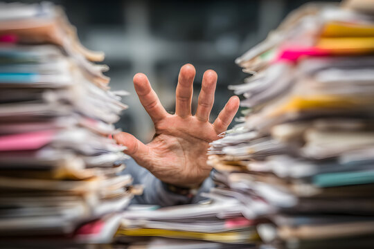A close-up shot of a hand reaching out from a massive pile of paperwork and documents, symbolizing workplace stress, overload, and the struggle to manage administrative tasks, with space for text