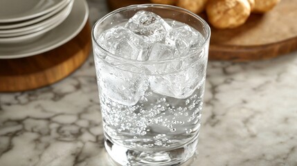 Bubbly water with ice cubes on marble