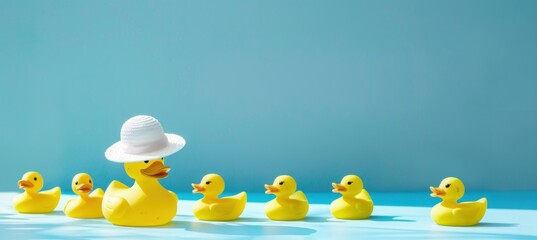 Quirky lineup of vibrant yellow rubber ducks on azure backdrop, one accessorized with summer hat