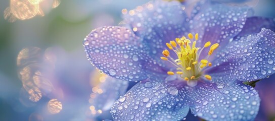 Tranquil macro view of a dew-kissed blue flower with a radiant glow effect