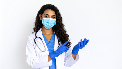 Young female doctor wearing face mask and gloves is pointing to the side