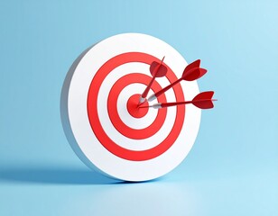 Dartboard with Three Red Darts in the Bullseye on Blue Background