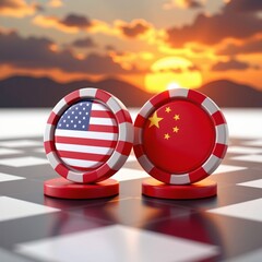 3d illustration of two chips bearing the flags of the united states and china on a chessboard