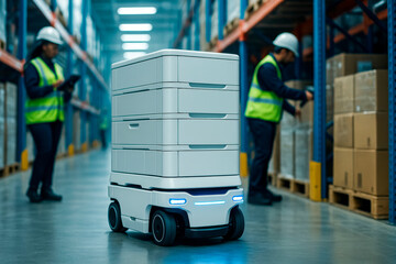 A white autonomous mobile robot in a spacious, clean, modern warehouse with warehouse workers. Effective collaboration between humans and technological robots.